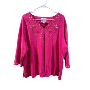 Quacker Factory Pink Flamingo Sequin Top 2X Palm Tree Tropical